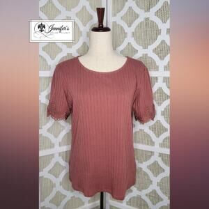 Ann Taylor Factory Rust Scoop Neck Scallop Lace Short Sleeve Sweater Size L